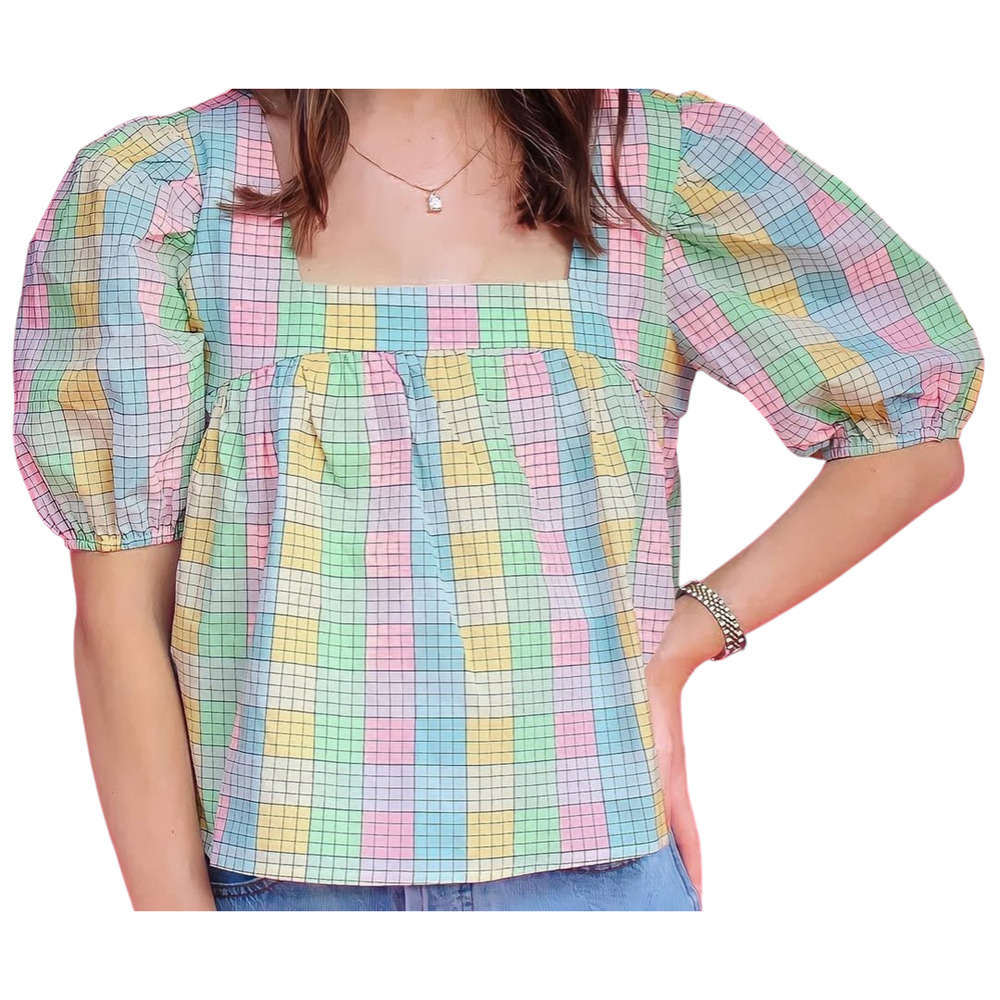 Fab'rik Blouse Womens Small Pastel Check Square Neck Puff Sleeve Cotton Top